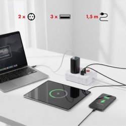 Str�mstikd�se 2 stik MCE387 W 3xUSB, 110-240V AC 50/60Hz, 2.1A max 2500W, 1.5m hvid