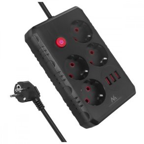 Str�mstik, MCE392 B, 4 stikdoser 3xUSB, 110-240V AC 50/60Hz, 2.1A max 2500W, 1,5m sort
