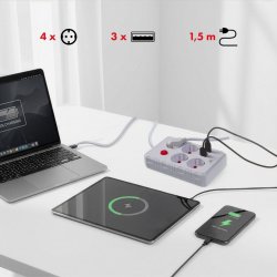 Str�mforsyning MCE392 W 4 stik 3xUSB, 110-240V AC 50/60Hz, 2.1A max 2500W 1,5m hvid