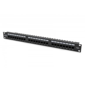 Patch panel 19'' 24x RJ45, LSA niveau, cat.6, U/UTP, 1U, kabelguide, labelfelter, sort