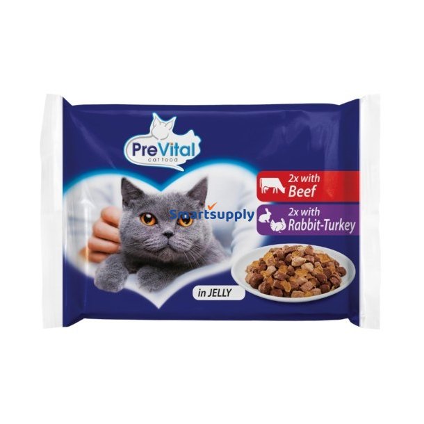 PREVITAL Oksekd og kanin med kalkun i gel - vdfoder til katte - 4 x 100 g