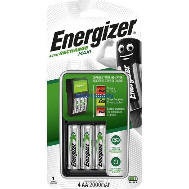 Energizer Maxi Accu Hr6 Pow Batterioplader + 2 Aa 2000 mAh Batterier