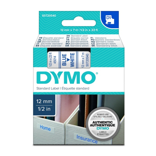 Dymo 45014 tape D1 bl� p� hvid 12mm x 7m original 