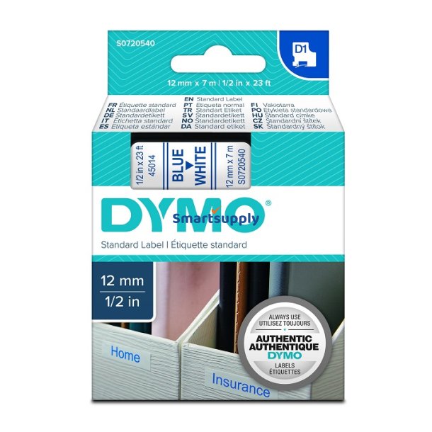 Dymo 45014 tape D1 bl p hvid 12mm x 7m original 