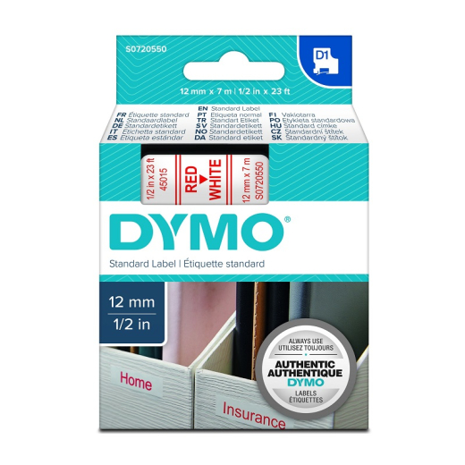Dymo 45015 tape D1 r�d p� hvid 12mm x 7m original