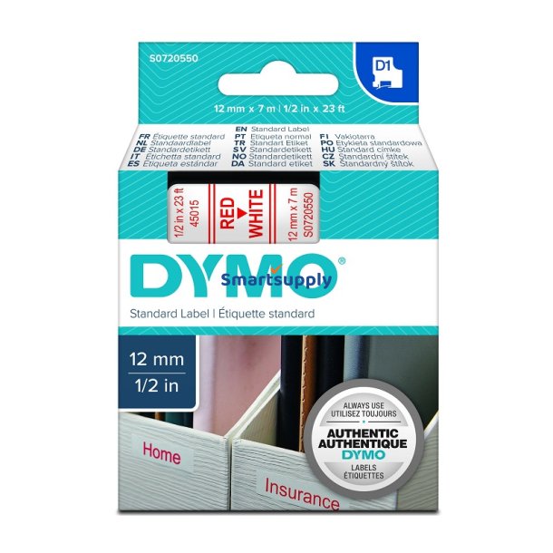 Dymo 45015 tape D1 rd p hvid 12mm x 7m original