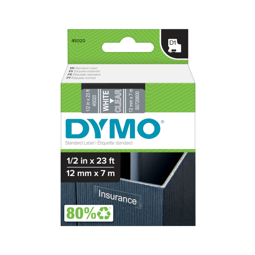 Dymo 45020 tape D1 hvid p� transparent 12mm x 7m original