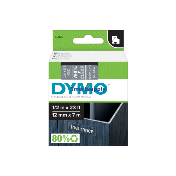 Dymo 45020 tape D1 hvid p transparent 12mm x 7m original