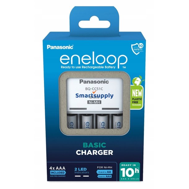 Batterioplader Panasonic Eneloop Basic Bq-Cc51 + 4X Aaa 800 mAh (K-Kj51mcd04e)