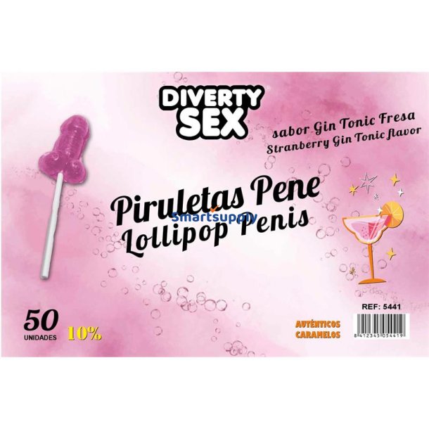 50 penis-shaped lollipops gin tonic-strawberry flavor 10% alcohol