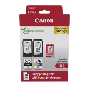 Canon PG-575 / 576 XL Sort + Farve blkpatron + fotopapir 