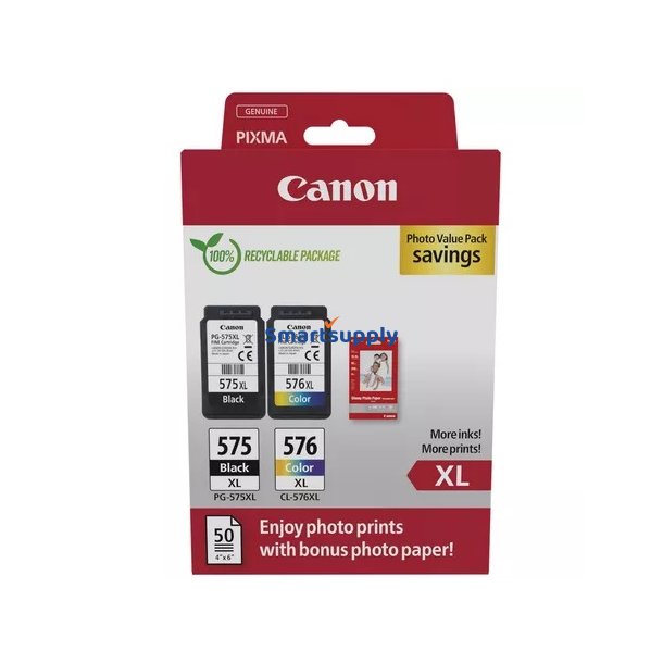 Canon PG-575 / 576 XL Sort + Farve blkpatron + fotopapir 