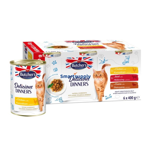 Butcher's Delicious Dinners Kdrig Udvalg I Gel&eacute; - Vdfoder Til Katte - 6 X 400G