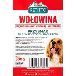 PETITTO Soft beef sausages - godbid til hund - 500g