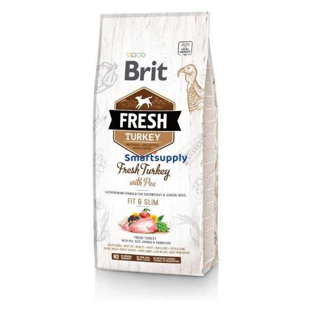 Brit Fresh Turkey &amp; Pea Fit &amp; Slim - Trfoder Til Hunde Kalkun Med rt - 12 Kg