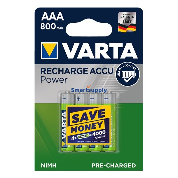Varta Hr03 Aaa Genoplad Accu Power 800 mAh 56703 Genopladelige Batterier 4 Stk Grn
