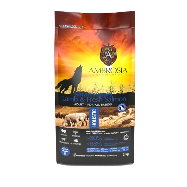 Ambrosia Lam Og Frisk Laks - Trfoder Til Hunde - 2 Kg