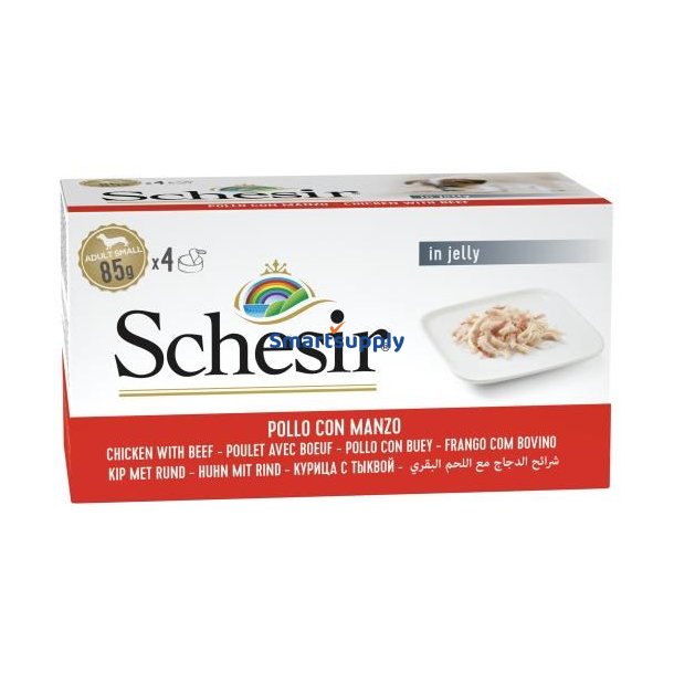 Schesir Kylling Med Oksekd I Gel&eacute; - Vdfoder Til Hunde - 4 X 85G