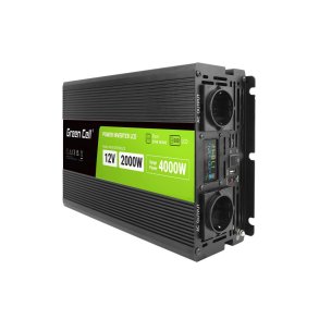 Green Cell Przetwornica napicia PowerInverter LCD 12 V 2000W/40000W Przetwornica samochodowa z wywietlaczem - czysty sinus strmadapter og vekselret Automatisk Sort
