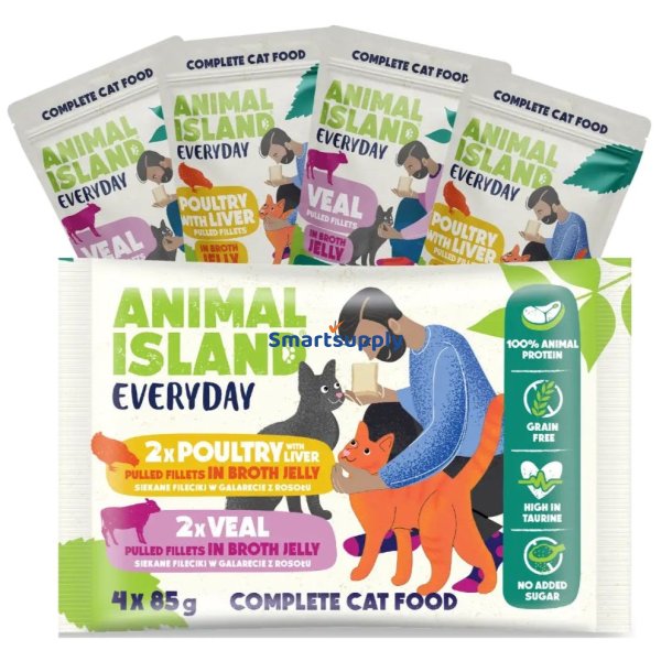 Animal Island Everyday Kalvekd Og Fjerkr Med Lever - Vdfoder Til Katte - 4 X 85G