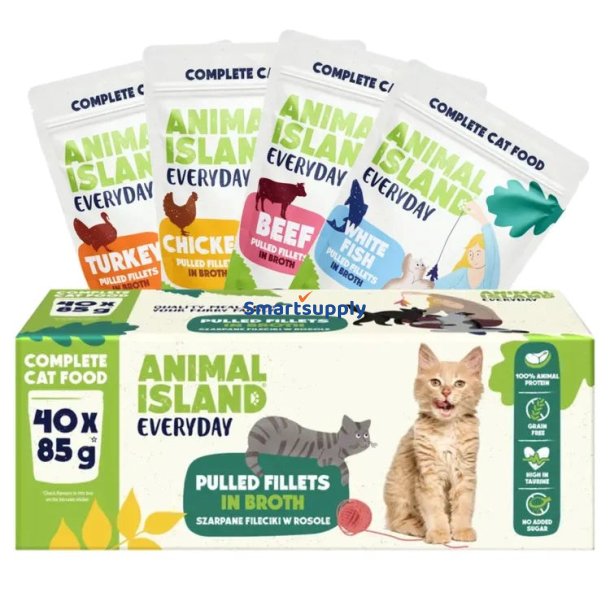 Animal Island Everyday Oksekd, Kylling, Kalkun Og Hvide Fiskefileter I Bouillon - Vdfoder Til Katte - 40 X 85G