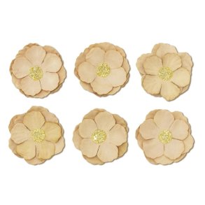 Beige klematis papirblomster m. glitter selvklbende 3cm, 6 stk.