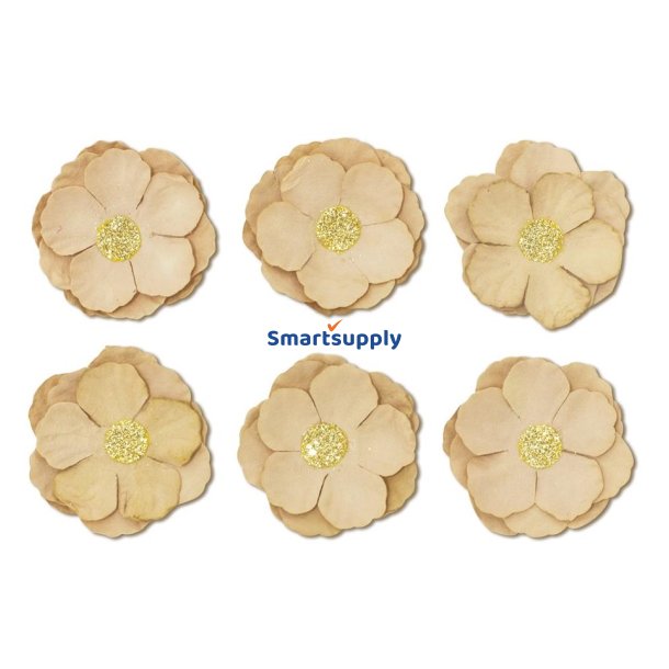 Beige klematis papirblomster m. glitter selvklbende 3cm, 6 stk.
