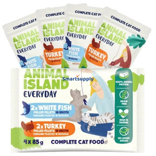 Animal Island Hverdags Kalkun Og Hvide Fiskefileter I Bouillon - Vdfoder Til Katte - 4 X 85G