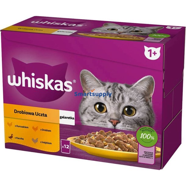 Whiskas Pose Gel&eacute; Fjerkr, And, Kalkun, Kylling - Vdfoder Til Katte - 12X85 G