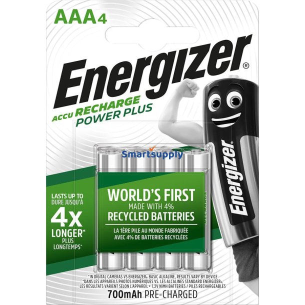 Energizer Batteri Accu Recharge Power Plus 700 mAh Aaa Hr3/4 Genopladeligt, 4 Stk