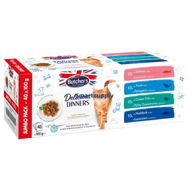 Butcher's Delicious Dinners Jumbo Pack Mix Fisk Udvalg I Gel&eacute; - Vdfoder Til Katte - 40 X 100G