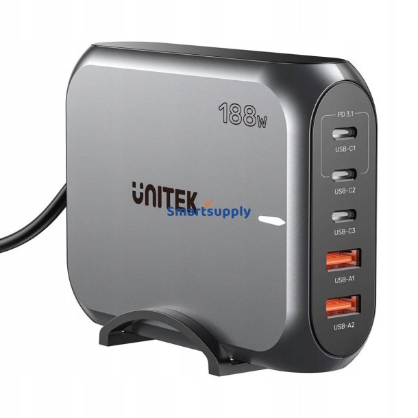 Gan Netvrksoplader - Unitek P1234agy01-Eu | 188W 3X Usb-C 2X Usb-A