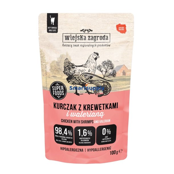 WIEJSKA ZAGRODA Kylling med rejer og baldrian  vdfoder til katte  100g