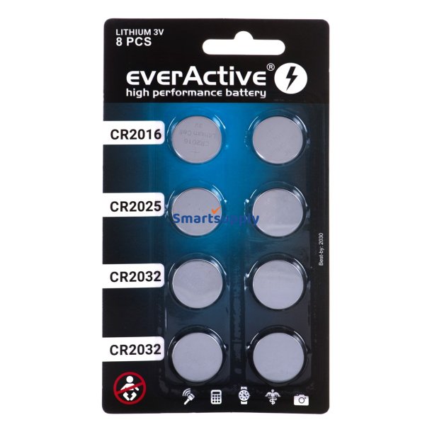 St med 8 everActive litiumbatterier 4 x CR2032, 2 x CR2025, 2 x CR2016
