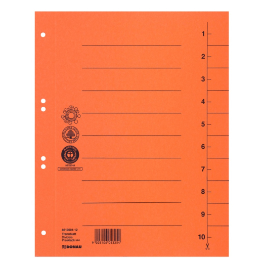 Faneblade 1-10 orange karton A4 - 100 stk