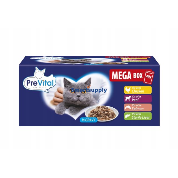 PREVITAL Mega Box Veal, salmon, liver, chicken - vd kattefoder - 40X100g