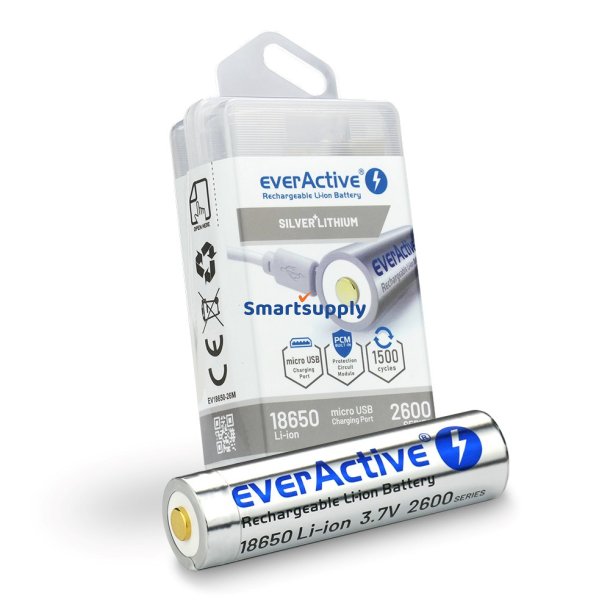 Batteri Everactive 18650 3,7V Li-Ion 2600Mah Micro USB Med Beskyttelsesboks