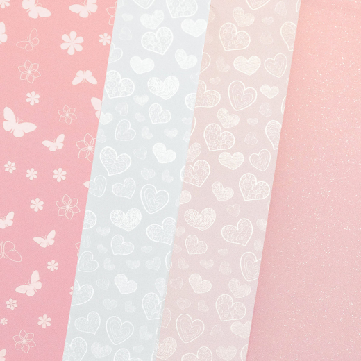Hjerter &amp; sommerfugle pink metallic karton papir A4, 200g, 20 ark
