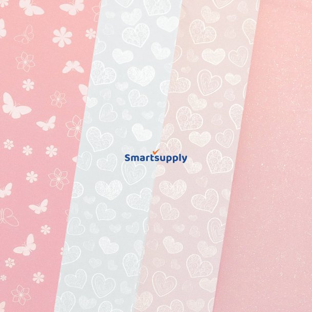 Hjerter &amp; sommerfugle pink metallic karton papir A4, 200g, 20 ark