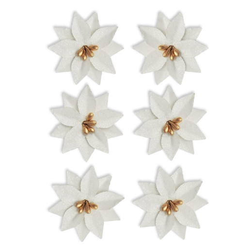 Hvide julestjerner med glitter selvkl�bende 3cm, 6 stk.