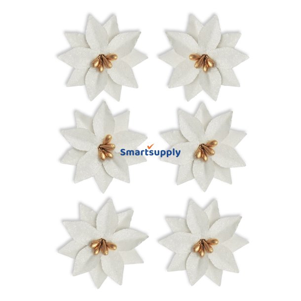 Hvide julestjerner med glitter selvklbende 3cm, 6 stk.