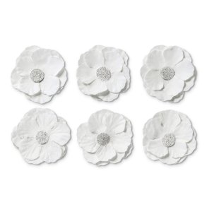 Hvide klematis papirblomster m. glitter selvklbende 3cm, 6 stk.