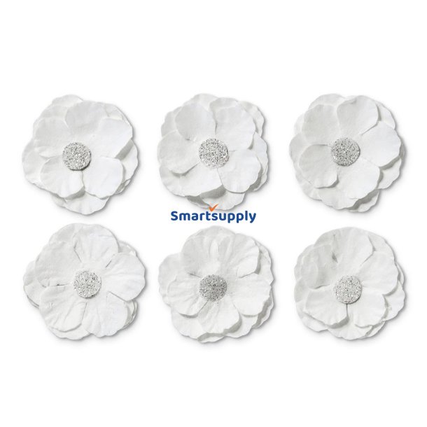 Hvide klematis papirblomster m. glitter selvkl�bende 3cm, 6 stk.