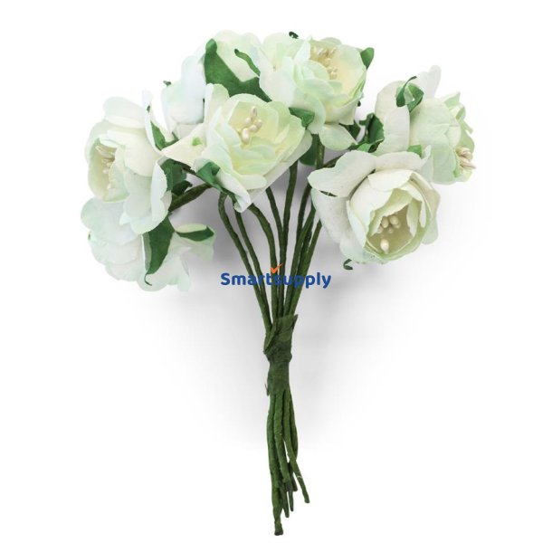 Hvide poner blomster bundt med formbar stilk 9cm, 10 stk.