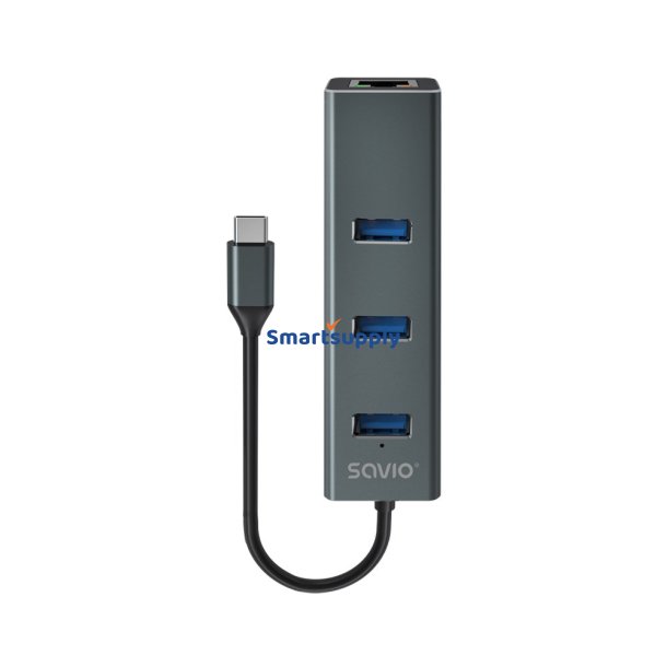 Savio Ak-57 Usb-C - 3 X Usb-A Hub Med Rj-45 Gigabit Ethernet-Adapter, 5000 Mbit/S, Gr