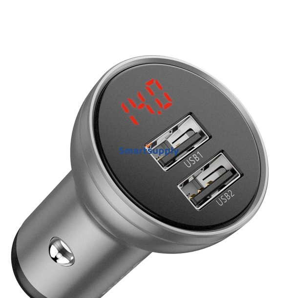 Baseus Biloplader Med Display, 2X Usb, 4.8A, 24W (Slv)