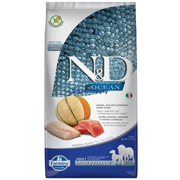 Farmina N &amp; D Ocean Dog Laks, Torsk, Cantaloupe, Melon Adult Medium &amp; Maxi - Trfoder Til Hunde - 12 Kg