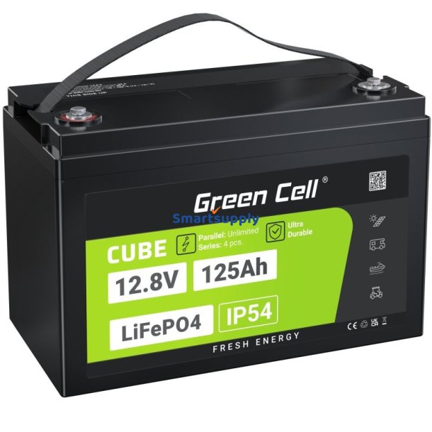Green Cell Cube Lifepo4 125 Ah 12,8V 1600 Wh Oplader Fosfatbatterier Til Campingvogn