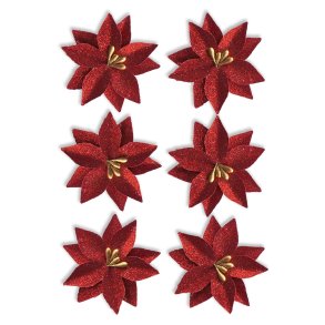 Rde julestjerner med glitter selvklbende 3cm, 6 stk.
