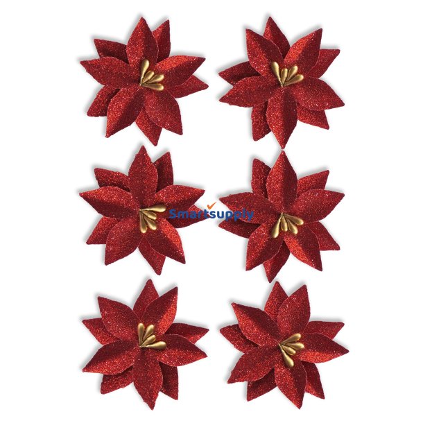 R�de julestjerner med glitter selvkl�bende 3cm, 6 stk.